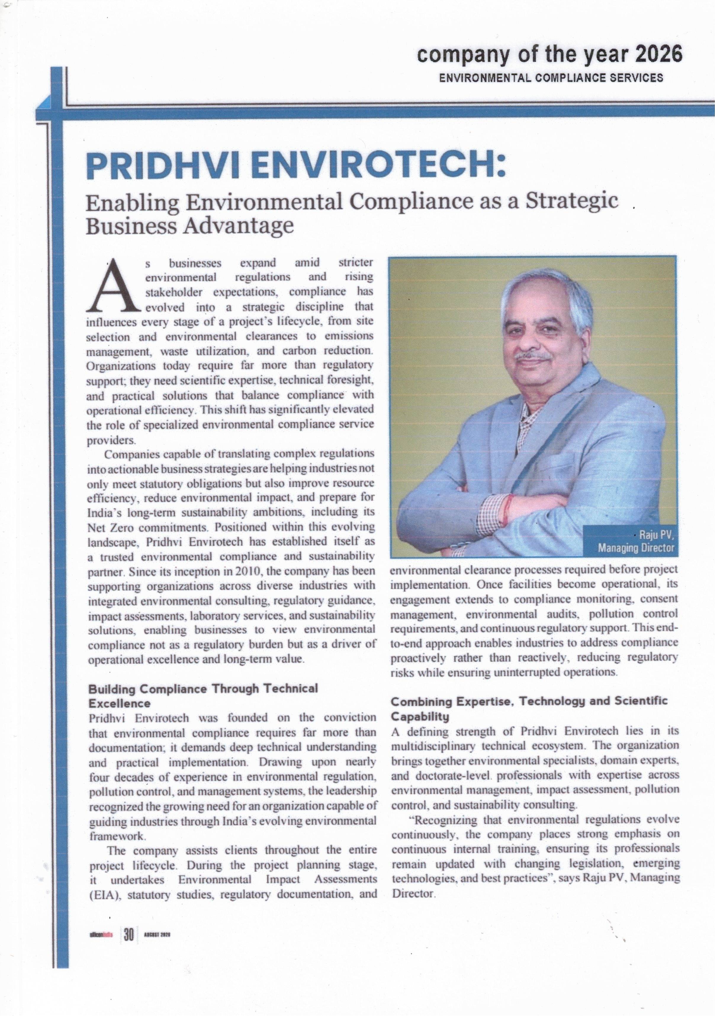 Magazine feature about Pridhvi Envirotech, page 1